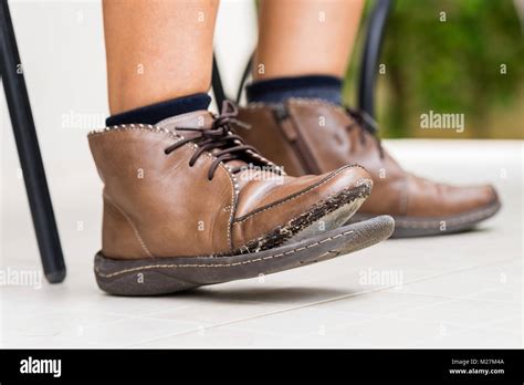 Torn Women Shoe Closeup Broken Women Leather Shoe Need To Repair Stock
