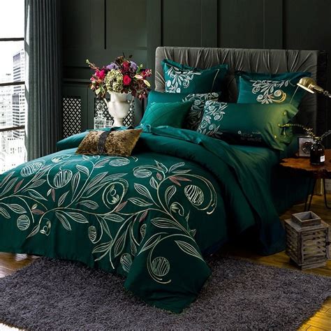 Dark Teal Tropical Leaf Simply Embroidered Full Queen Size Bedding
