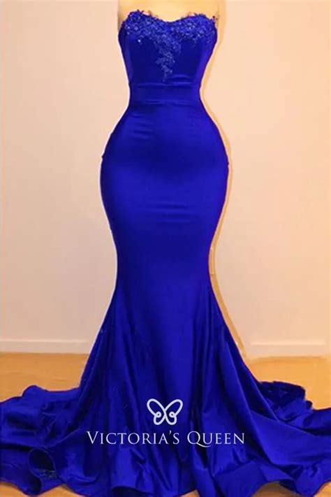 Royal Blue Satin With Lace Mermaid Pretty Prom Dress Vq