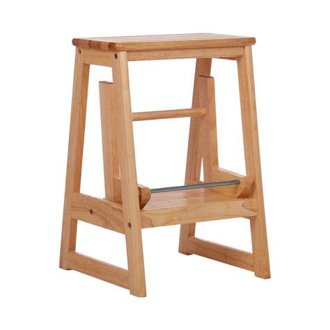 Two Step Stool Tropical Hevea Wood Kitchen Ladder Foldable