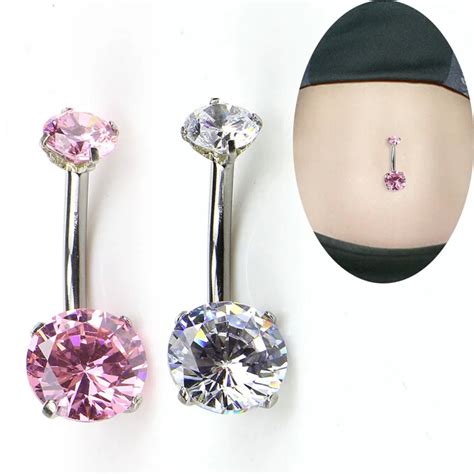 Belly Button Ring All Stainless Steel Prong Setting Double CZ Zircon