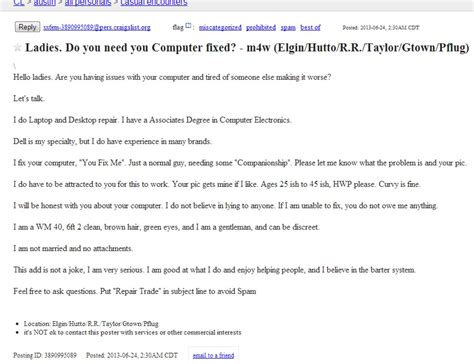 Craigslist Man Offers Computer Help For Sex Claims Hell Fix Your