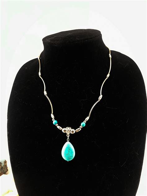 Simulated Turquoise Teardrop Silver Statement Necklace Etsy