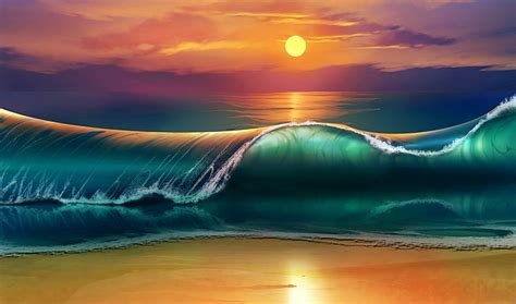 Hd Wallpaper Sea Wave During Daytime Illustration Art Sunset Beach