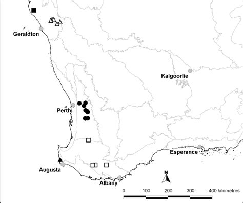 Distribution of Caladenia ambusta ( ), C. bigeminata ( ), C. fluvialis ...
