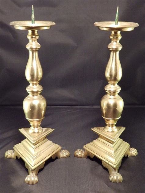 Pair Vintage Brass Tall Candlesticks Pillar Candle Holders Lion Claw