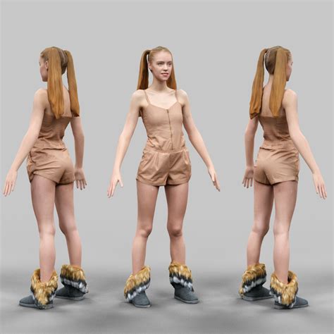 Girl In Beige Jumpsuit And Double Ponytails Rigged 3d Model 30 Fbx