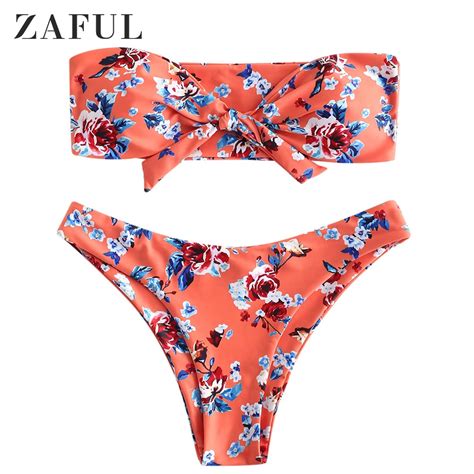 Zaful Flower Plant Print Bandeau Bikini Set Strapless High Leg Cut Bikini Floral Swimwear Women