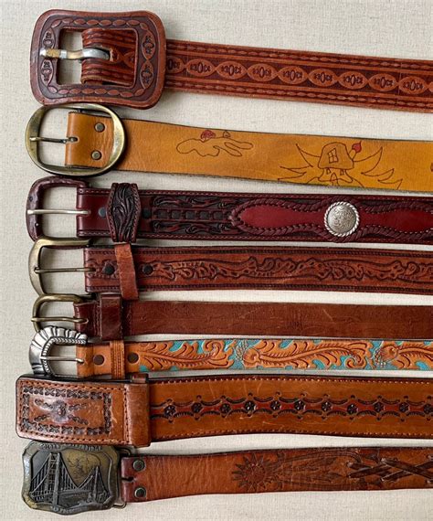 Distressed Tooled Leather Belt Vintage Leather Goods Brown Belt Strap