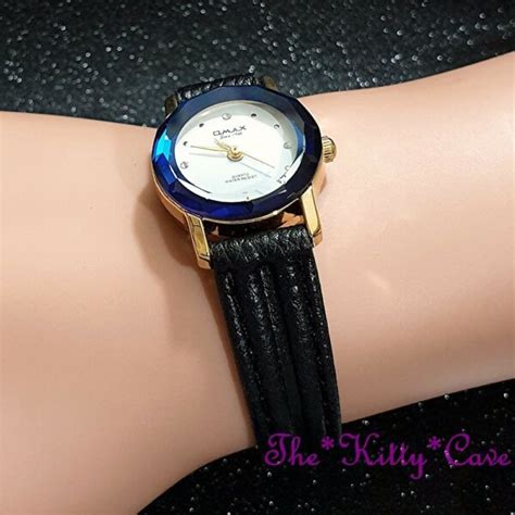 omax 8n8356 ladies slim gold plt seiko movt blue cut glass mineral leather watch ebay