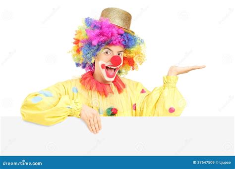 Smiling Male Clown Standing Behind Blank Panel Gesturing With Ha Stock