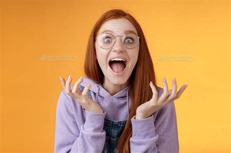 Shocked Excited Overwhelmed Young Screaming Happy Redhead Girl Wearing