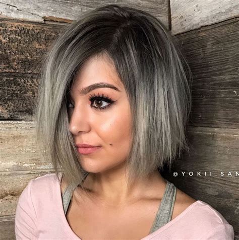 Be sure to ask your hair stylist to take out weight in bulky areas, and add face framing layers if you feel like you need shorter hair around the face. Angled Grey Balayage Bob | Thick hair styles, Short straight hair, Haircut for thick hair