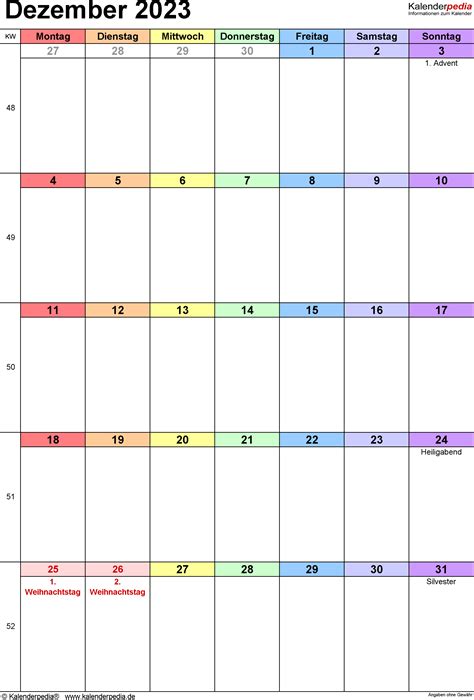 Kalender Dezember 2023 Als Excel Vorlagen