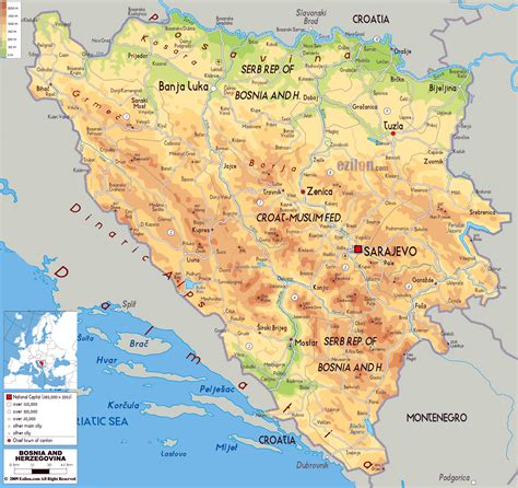 Mapa Físico Grande De Bosnia Y Herzegovina Con Carreteras Ciudades Y