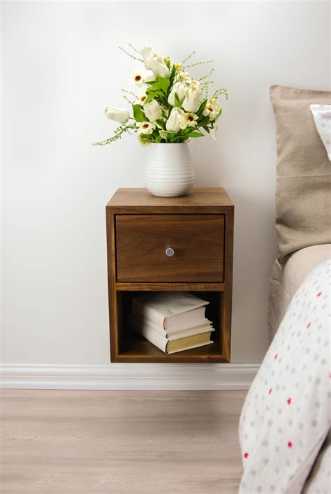 Solid Walnut Wood Compact Floating Nightstand With Drawer And Open