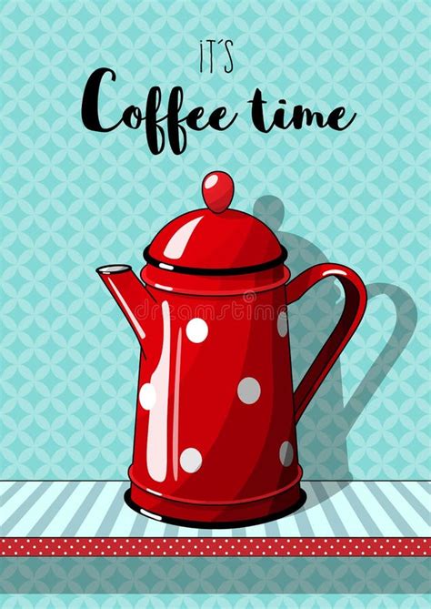 Red Vintage Coffee Pot With On Blue Patterned Background Stock Vector