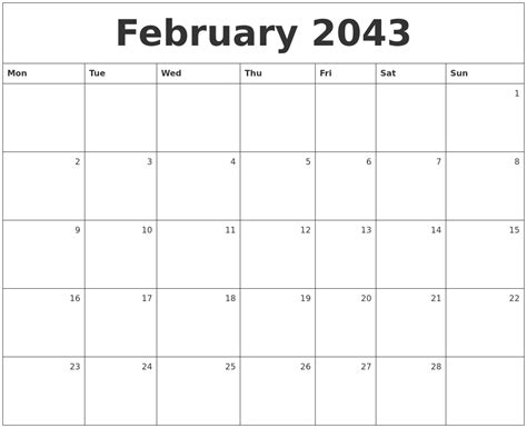 February 2043 Monthly Calendar