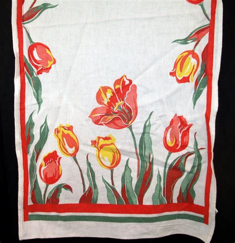 Vintage Linen Kitchen Towel Toweling Fabric Red Yellow Green