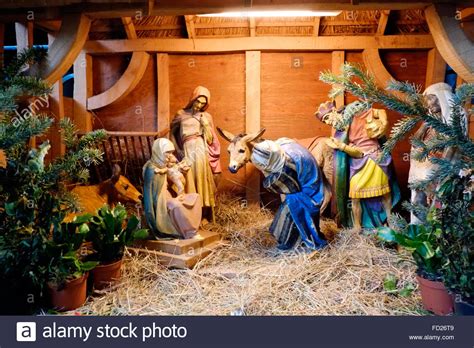A Nativity Scene Set Up In A Church At Christmas Stock