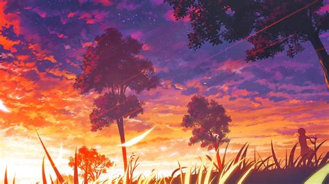Papel De Parede Luz Solar Árvores Pôr Do Sol Anime Meninas Anime