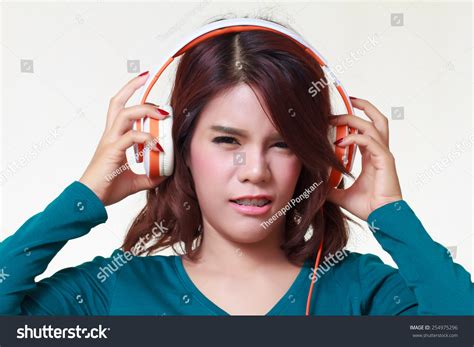 Portrait Beautiful Young Woman Earphones Listening Stock Photo