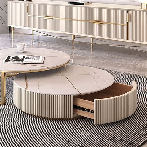 Round Modern Stone Top Nesting Coffee Table With 1 Drawer