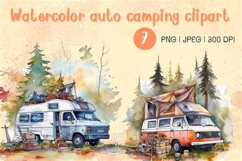 7 Watercolor Auto Camping Cliparts Graphic By Brown Cupple Design