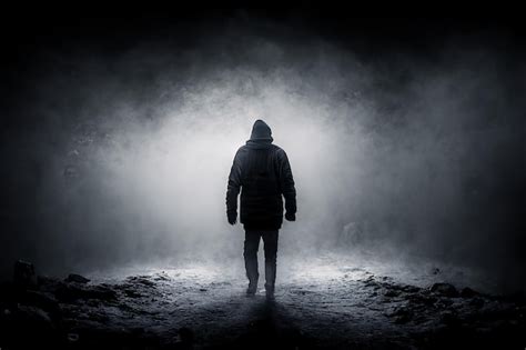 Premium Photo A Man Walking In The Fog On The Road Foggy Night