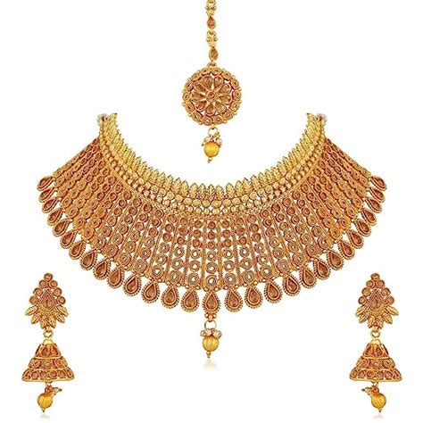 apara gold plated lct jalebi design traditional semi bridal choker necklace earring maang tikka