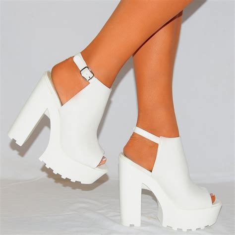 Ladies Womens White Pu Leather Chunky Platforms Cleated High Heels