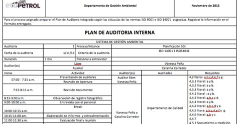 Plan De Auditoria Interna Iso 9001 Ejemplo Ejemplo Sencillo Images