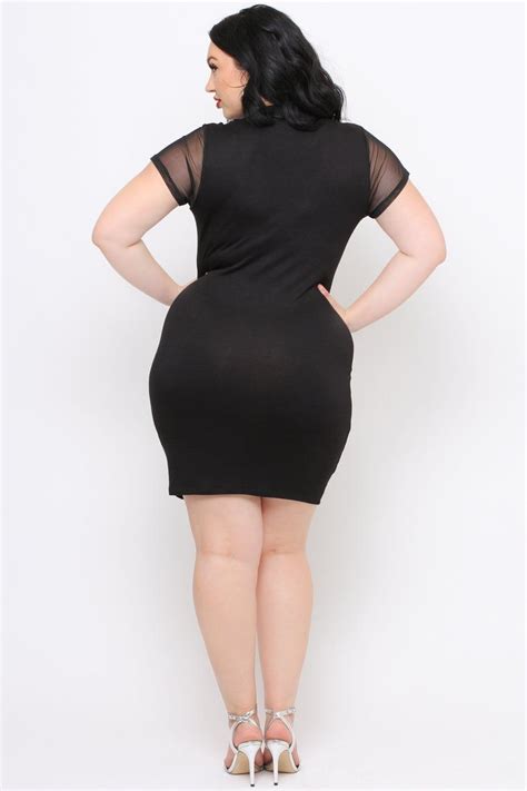 Plus Size Mesh Panel Bodycon Dress Black Trendy Plus Size Clothing
