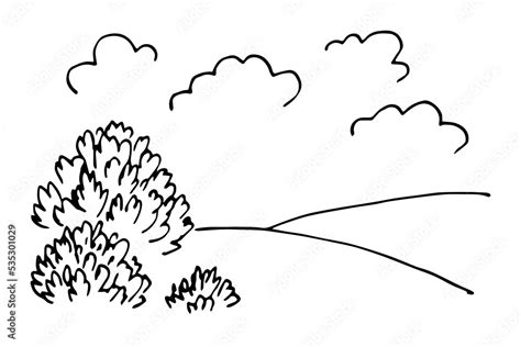 Simple Black Outline Vector Drawing Nature Landscape Trees And