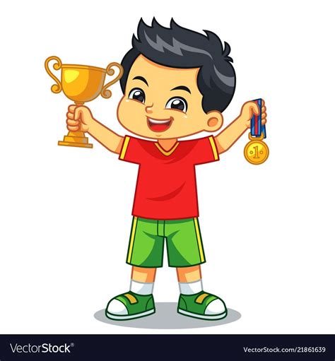 Boy Win The Contest Earn Trophy And Medal Vector Image On Vectorstock