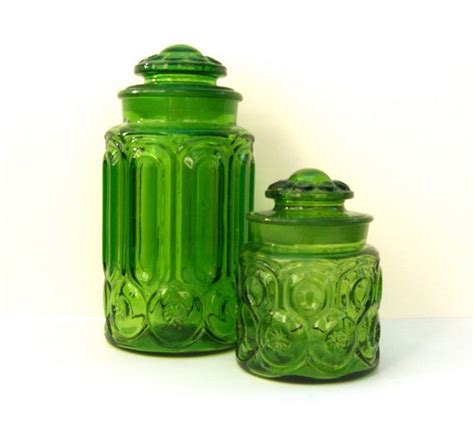 Vintage Green Glass Canisters Jars L E Smith Moon And Etsy Glass