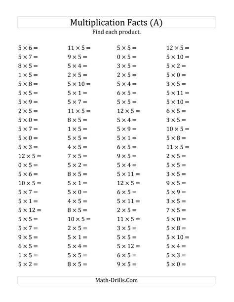 Free Printable Multiplication Test 1 12