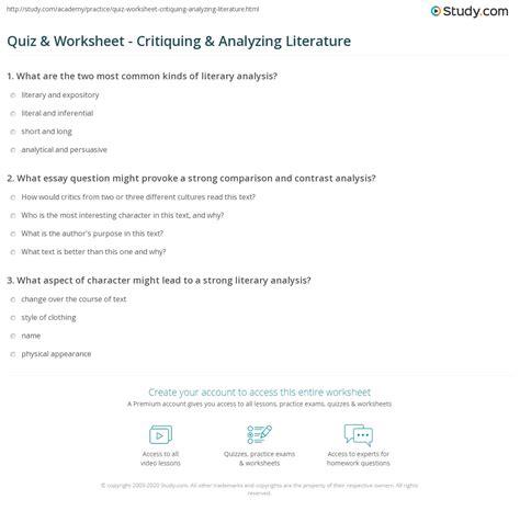 Quiz And Worksheet Critiquing And Analyzing Literature
