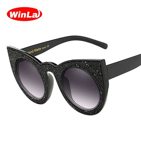 Winla Fashion Design Women Sunglasses Classic Cat Eye Sun Glasses Crystal Print Vintage Frame