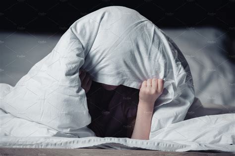 Scared Child Hiding Under Blanket Is People Images Creative Market
