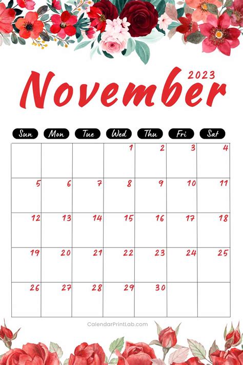 November 2023 Floral Calendar Printable With Flower Designs