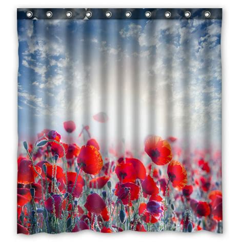 Phfzk Poppy Flower Shower Curtain Red Poppies Field Against The Cloudy