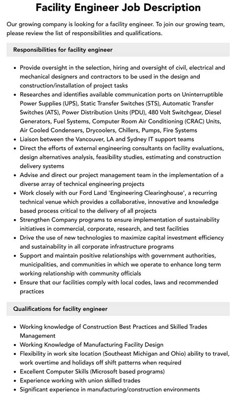 Facility Engineer Job Description Velvet Jobs