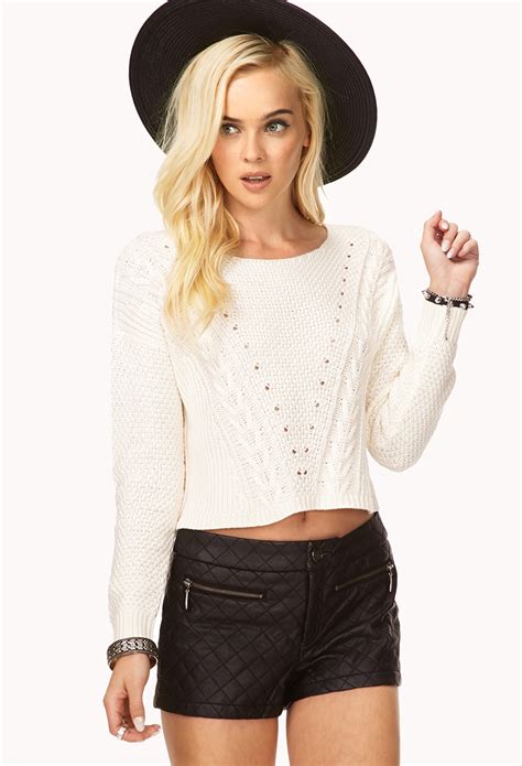 Lyst Forever 21 Favorite Cable Cropped Sweater In Natural