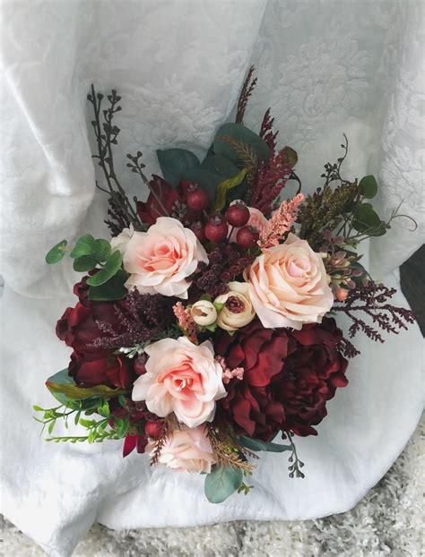 Silk fake flower burgundy mini peony flowers bunch rustic wedding flowers maroon. Wedding Bouquet Burgundy Red Peony Eucalyptus Wedding ...