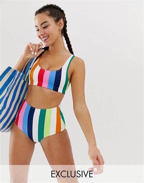 Image Of Monki High Waisted Bikini Brief In Rainbow Print High