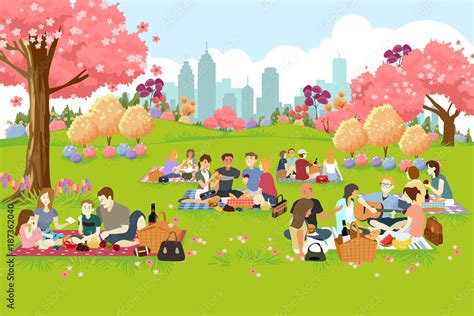 People Having Picnic At The Park During Spring Stock 벡터 Adobe Stock