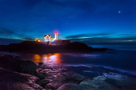 Blue Sky Christmas Light Lighthouse Mirror Night Power Lines