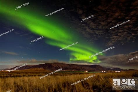 Aurora Borealis Over Mt Esja Reykjavik Iceland Stock Photo Picture