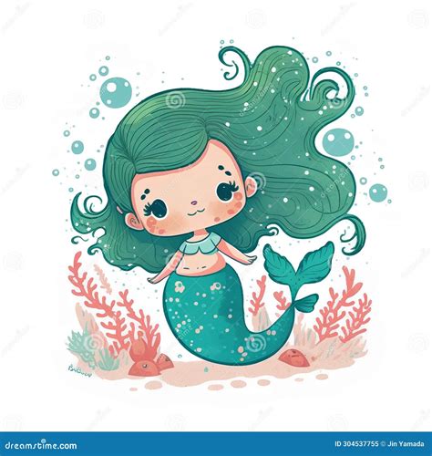 Cute Cartoon Mermaid In The Sea Hand Drawn Vector Illustration Stock